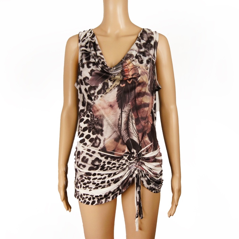 Vintage Y2K 2000s Cowl Neck Rouched Animal Print Collage Sleeveless Grunge Top